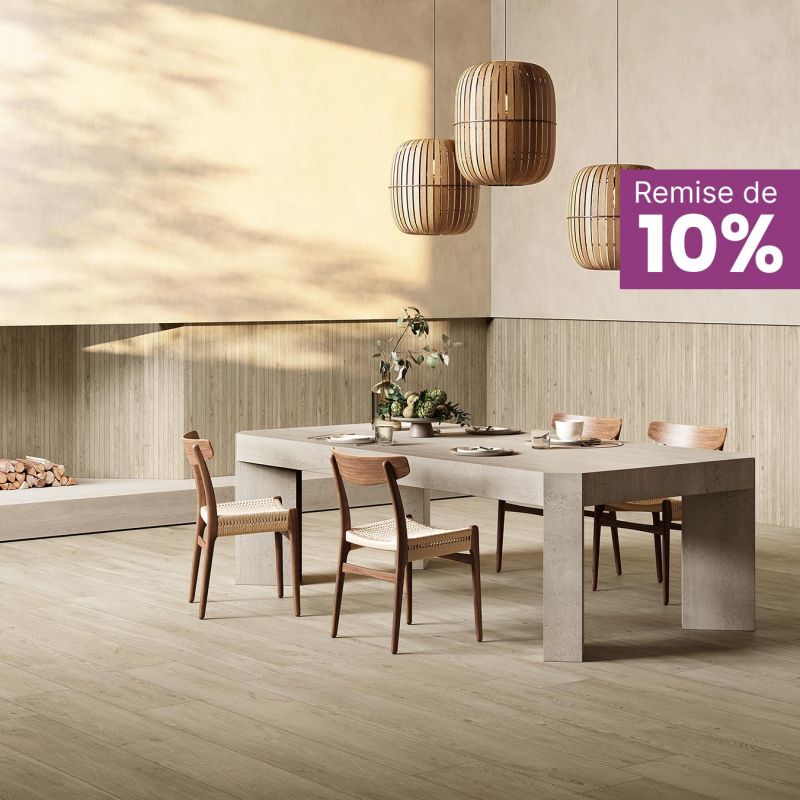 Remise de 10 % sur le Carrelage imitation bois Nila, pour apporter chaleur et élégance à sa salle à manger