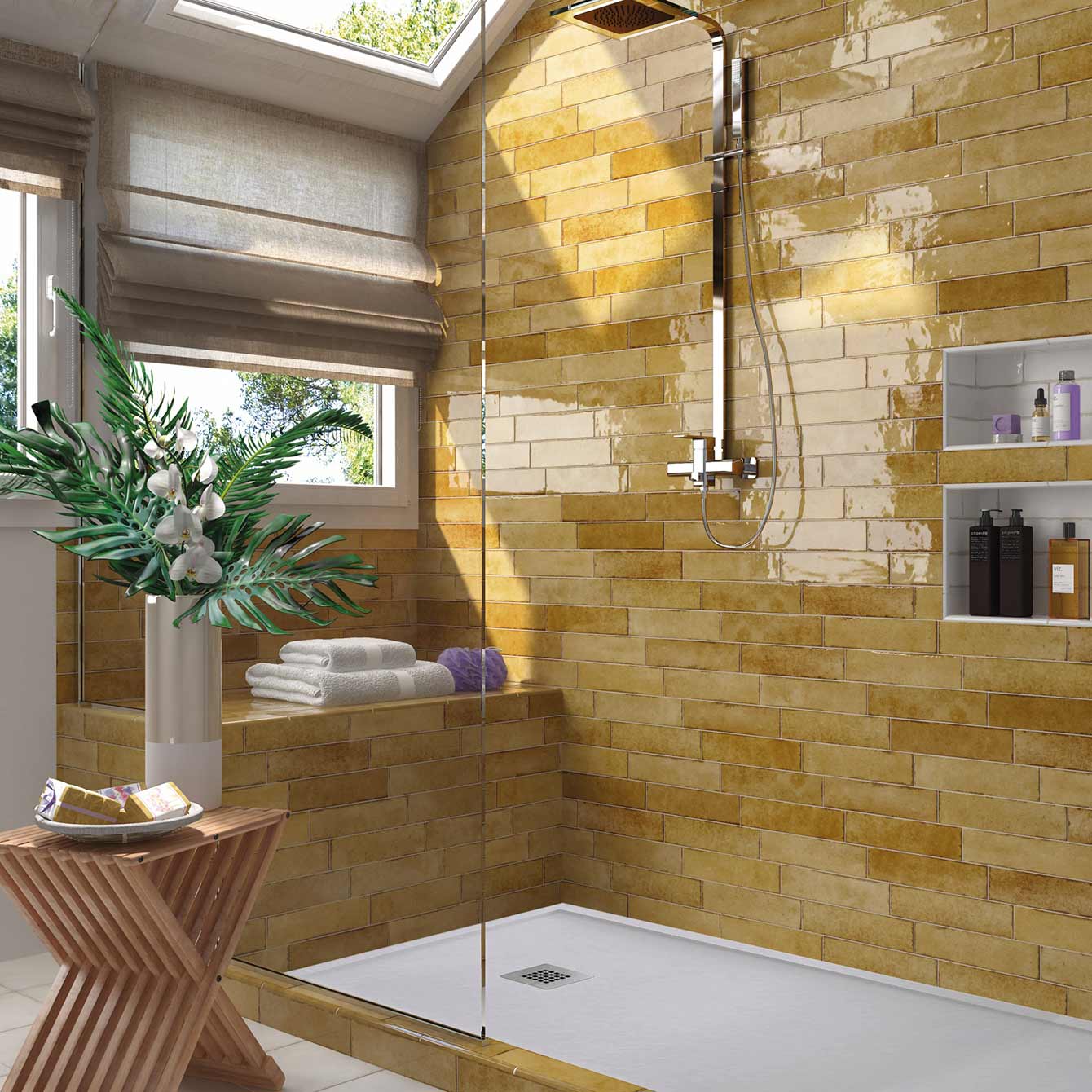 Une salle de bain sous les combles avec du carrelage mural jaune