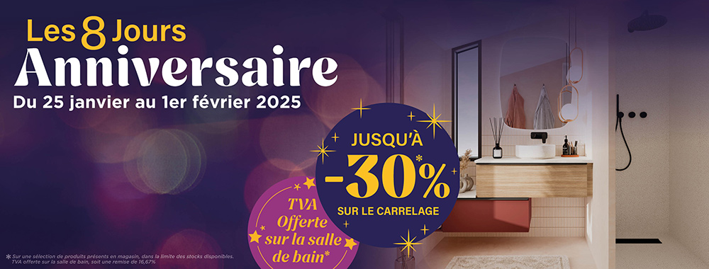 Promotions exclusives sur le carrelage, la salle de bain et la buanderie pour bien commencer l'année.