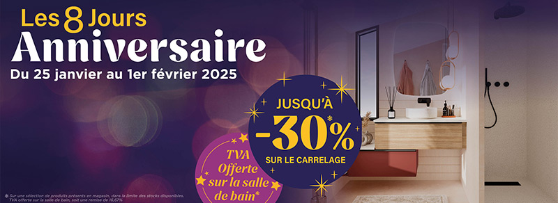 Promotions exclusives sur le carrelage, la salle de bain et la buanderie pour bien commencer l'année.