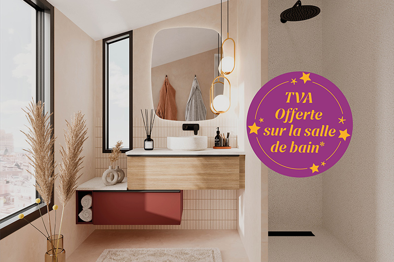 Salle de bain moderne bénéficiant d'une offre exceptionnelle : TVA Offerte pendant les 8 jours anniversaire.